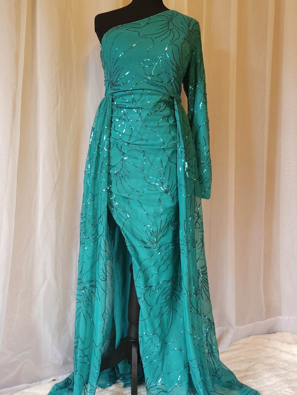 NWT Miss Ord Teal Sequined One Shoulder Maxi Dress Large